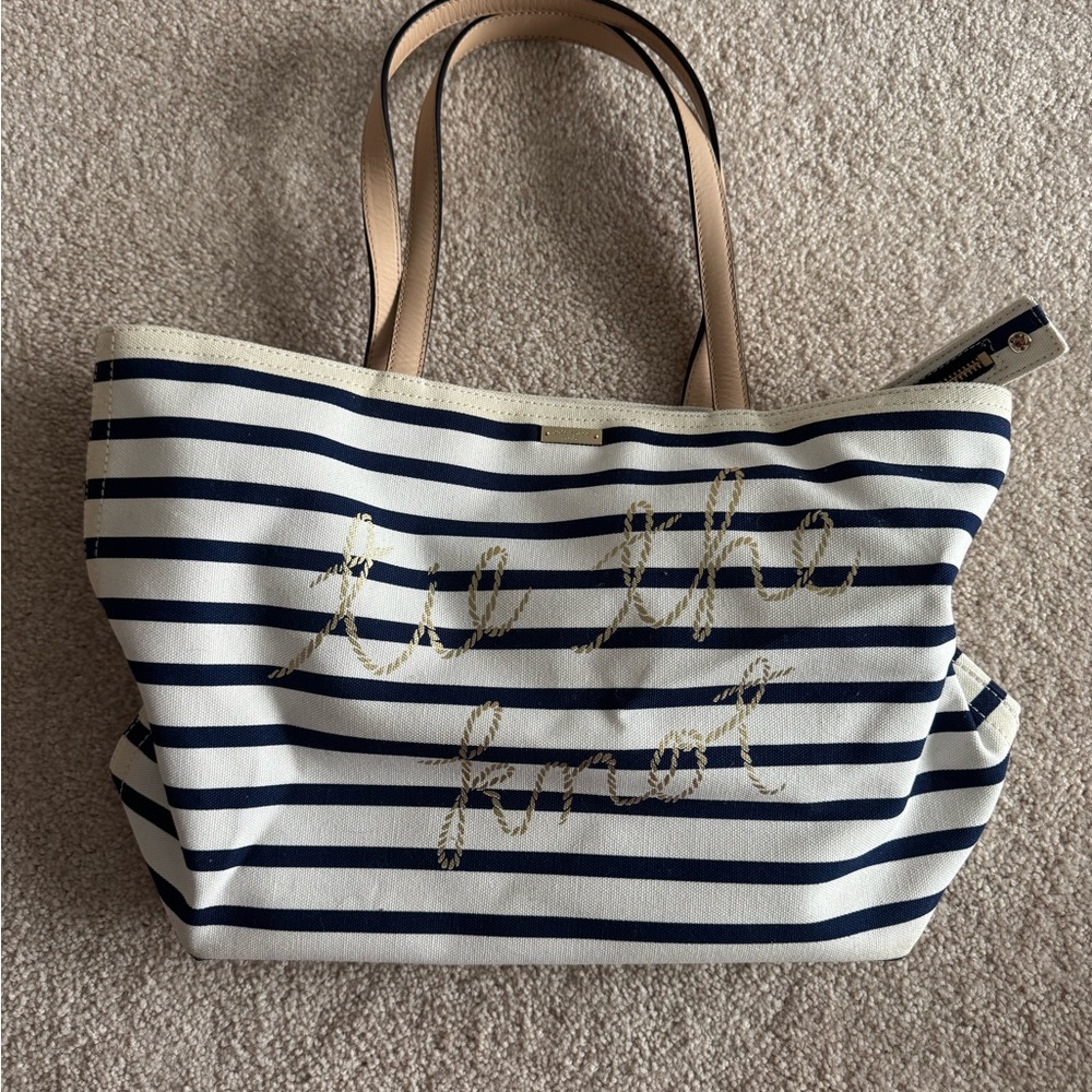 Kate Spade Tie the Knot Bridal Navy Striped Tote with Tan Handles